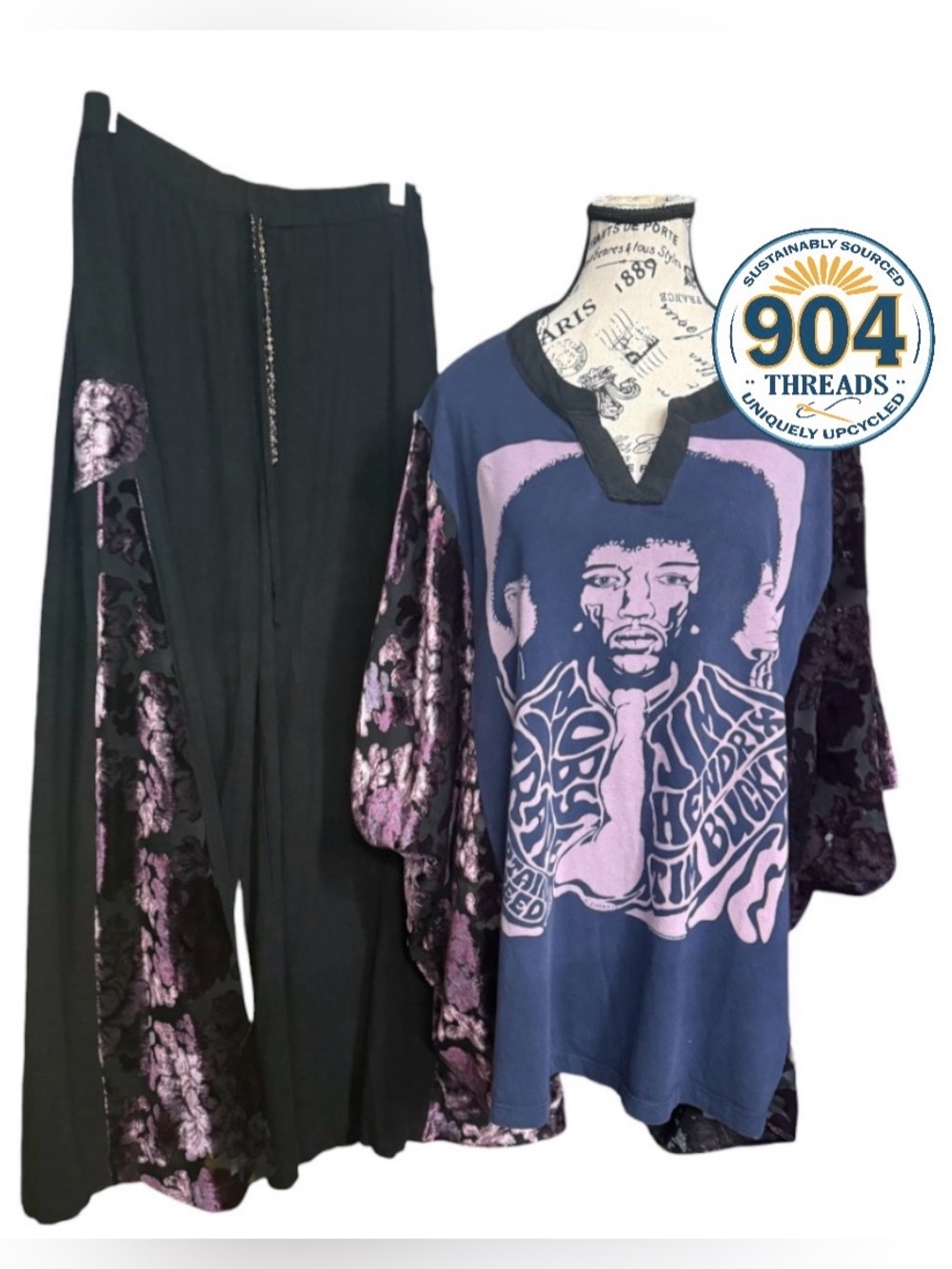 OOAK Upcycled Jimi Hendrix Velvet Kimono Sleeve Top & Wide Leg Set Boho